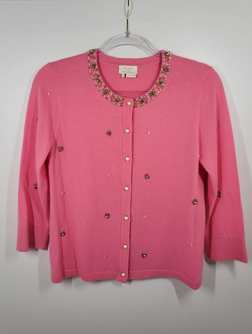 Kate Spade Pink Wool Cashmere Embellished Beaded Cardigan Sweater Size Medium